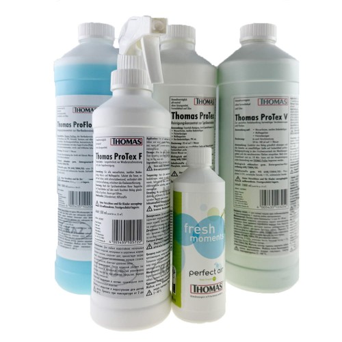 Zestaw oryginalnych płynów THOMAS: ProFloor do podłóg, ProTex do dywanów i tapicerki oraz Fresh Moments zapachowy. Skuteczne czyszczenie i świeżość do odkurzaczy piorących i myjących THOMAS. do odkurzacza pioracego i wodnego